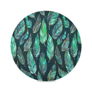 Imagem de Wassud Jogo americano de penas verdes tapetes de mesa redondos para cozinha e jantar tapetes laváveis resistentes ao calor decoração de mesa 39 cm