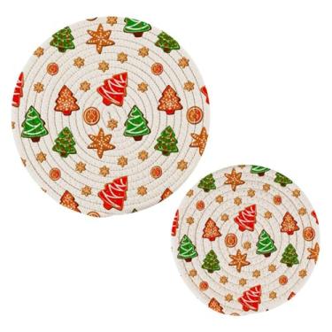 Imagem de Wassud Conjunto de trivet com padrão de Natal para pratos quentes, suportes redondos de algodão, almofadas quentes, porta-copos elegantes, decoração de cozinha e acessórios, 2 peças