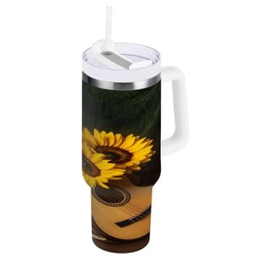 Imagem de Kigai Copo de 850 g com alça, copos isolados de caveira de girassol com tampa e canudo, garrafa de água esportiva de metal grande, caneca de café de viagem de aço inoxidável