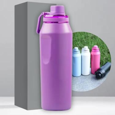 Imagem de Garrafa Térmica de Aço Inox 500ml - Tampa com Alça - Sistema de Parede Dupla Isolada à Vácuo - Ideal para Academia/Trabalho/Faculdade (Roxa)