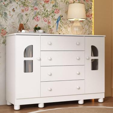 Imagem de Cômoda Infantil 125cm 2 Portas Com Vidro E 4 Gavetas Nina Multimóveis MP4506 Branco