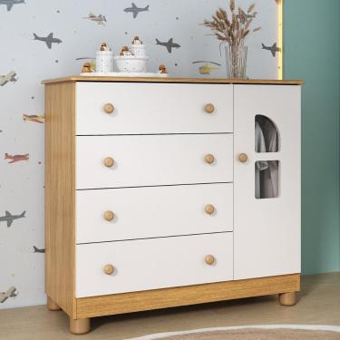 Imagem de Cômoda Infantil 95cm 1 Porta Com Vidro E 4 Gavetas Nina Multimóveis MP4505 Madeirado/branco
