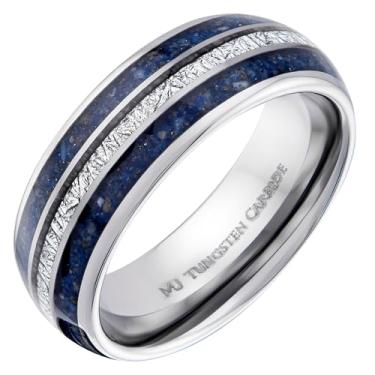 Imagem de MJ Metals Jewelry Anel de Lapis Lazuli masculino carboneto de tungstênio com incrustação de meteorito sintético | Anel de ajuste confortável | Aliança de casamento | Presente para aniversário