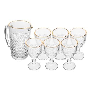 Imagem de Jogo De Taças Com Jarra Coração 7 Peças Borda Dourada Fio Dourado Vidro Transparente 1l 320ml Lyor