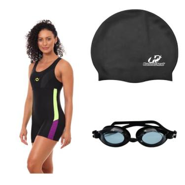 Imagem de Kit Natação Macaquinho Óculus Proteção UV e Touca Silicone Grande (Preto/Amarelo/Roxo - Óculos Preto, P)