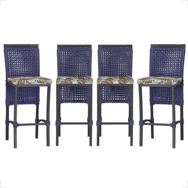 Imagem de 4 Banqueta Em Alumínio Roma Preta Corda Náutica Tecido 6 Azul