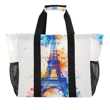 Imagem de ODAWA Sacola dobrável portátil em aquarela Torre Eiffel para academia, sacola à prova de areia para piscina, Torre Eiffel em aquarela, One Size