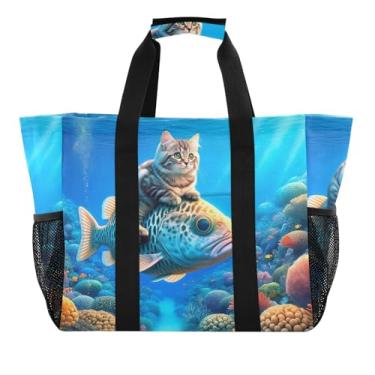 Imagem de ODAWA Bolsa masculina de praia azul gato peixe, bolsa de lona para férias com alças abertas, Gato fofo, peixe, azul, One Size