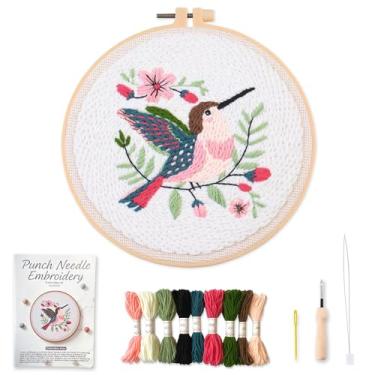 Imagem de Myfelicity Kit de bordado de agulha de perfuração, conjunto de artesanato para iniciantes com design de padrão animal, argola de 19 cm (beija-flor)