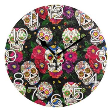 Imagem de GAIGEO Relógio de parede decorativo analógico funky alimentado por bateria relógio de cozinha rústico, moderno decoração de parede para sala de estar crânios coloridos vibrantes engraçados, 25 cm