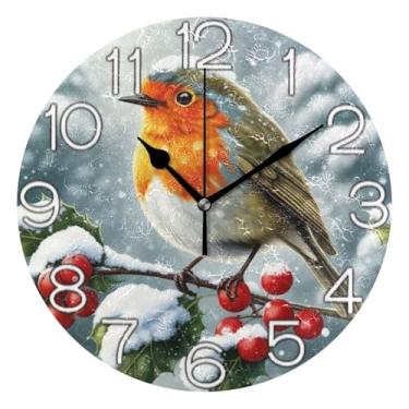 Imagem de GAIGEO Relógio de parede analógico decorativo redondo sem tique-taque silencioso relógio de cozinha de escritório, decoração de parede retrô moderna art déco, pássaro neve inverno, 25 cm, ponteiros