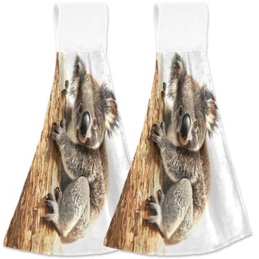 Imagem de TSENQUE Toalhas de mão de cozinha personalizadas com laços para pendurar, urso coala, animal fofo, toalhas de gravata de banheiro, conjunto de 2 toalhas de casa e cozinha fofas e absorventes azuis e