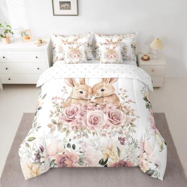 Imagem de jejeloiu Conjunto de cama solteiro de coelho para todas as estações, conjunto de edredom com 7 peças, flor rosa, para crianças, meninos, meninas, coelhinho fofo em uma bolsa com edredom, lençóis,
