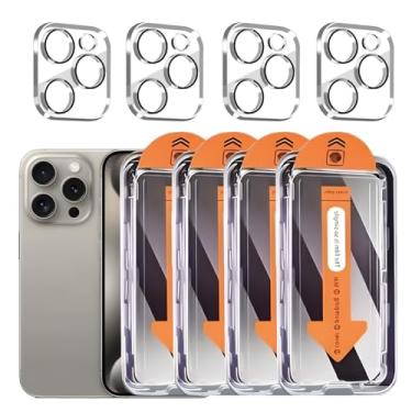 Imagem de Pacote com 4 + 4 protetores de tela para iPhone 15 Pro Max com protetor de lente de câmera cobertura total, película de vidro temperado anti-espião, dureza 9H, fácil instalação, sem bolhas [6,7