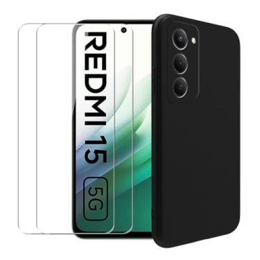 Imagem de WDMYLFTW Capa para Xiaomi Redmi 15 5G + [pacote com 2] película protetora de tela de vidro temperado - Capa protetora de TPU (preta)