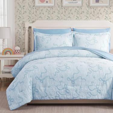 Imagem de Geniospin Conjunto de edredom Queen azul claro para meninas - Conjunto de cama de jacquard com laço em uma bolsa, 7 peças, conjunto de edredom infantil com lençóis, fronhas e fronhas para todas as