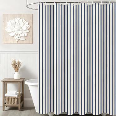 Imagem de Ksriylm Cortina de chuveiro azul escuro bege listrado linho algodão impermeável, cortinas de chuveiro listradas engraçadas para decoração de banheiro, cortina de chuveiro de tecido chique 183 cm L x