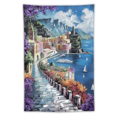 Imagem de Tapeçaria colorida de cidade mediterrânea litoral porto glicínia flores caminho de paralelepípedos aldeia penhasco decoração de parede cênica para sala de estar quarto casa estilo costeiro 101 x 152