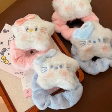 Imagem de 2 peças de elásticos elásticos de cabelo de coelho de pelúcia para mulheres e rabos de cavalo e coques cáqui, branco e rosa