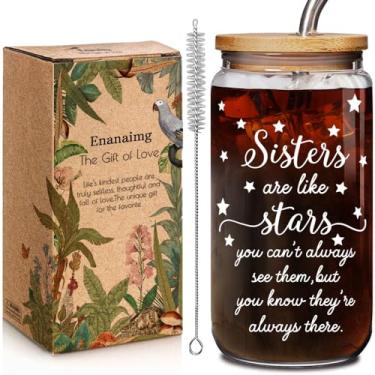Imagem de Sister Are Like Stars Copos de vidro com tampas e canudos, presentes de aniversário para amigas amigas e irmãs, Dia das Mães, Formatura, Irmãs de 473 ml, Copo de Vidro Presentes para Irmãs Mulheres de