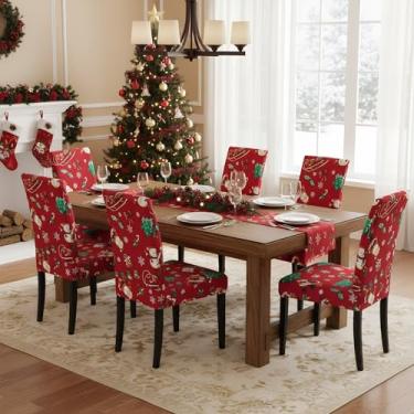 Imagem de WTHAVEN Conjunto de 6 capas de cadeira de Natal elásticas para sala de jantar, papai noel, vermelho, capas de assento de cozinha, decorações de elastano para festas de Natal, festas de fim de ano