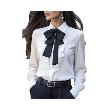Imagem de Blusa feminina formal de manga comprida com gola e laço e babados - NO