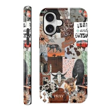 Imagem de Vulfwela Capa de telefone para iPhone 16 Plus de 16,7 cm Western Boho Collage, 2 em 1, chapéu de cowboy rosa vintage, cavalos, cabeça de touro, floral, capa de telefone Country West à prova de choque
