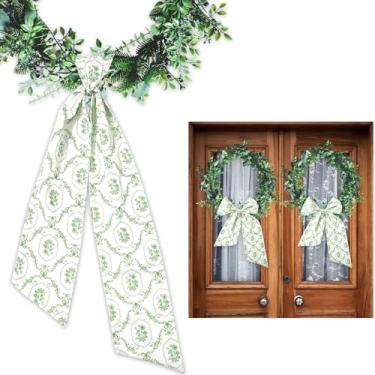 Imagem de JarThenaAMCS 2 peças de guirlanda de flores para guirlanda de porta da frente, faixa de poliéster, estampa de bloco verde, acessórios de fita para decoração de casa, 140 x 13 cm