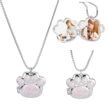Imagem de DELORIGIN Colar com medalhão de pata de animal de estimação com foto de animal de estimação, colar de lembrança, memorial, lembrança, cão, gato, joia de presente para mulheres e homens, segura fotos