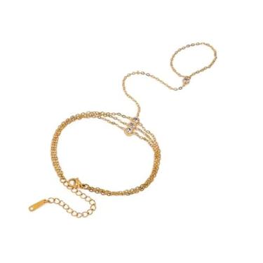 Imagem de Pulseira feminina banhada a ouro amarelo 14 quilates | Pulseira delicada de zircônia cúbica e anel de joia corporal, 6 Inches, Ouro amarelo, Zircônia cúbica
