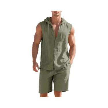 Imagem de Conjunto De Camisa Sem Mangas Com Capuz De Linho Para O Verão Masculin