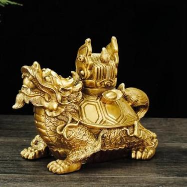 Imagem de FENNYYAR Estátua de tartaruga de três Yuan e cabeça de dragão de cobre puro, 12 cm 4,7 polegadas, sala de estar, sala de estar, escritório, mesa
