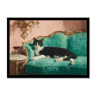 Imagem de Gato preto com estampa de arte Martini fofo gato peculiar coquetel bar decoração moderna casa cozinha arte de parede pintura em tela pôster estética (SKU6,20.3x30.5 cm = (20x30cm), moldura preta para