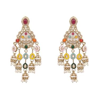 Imagem de I Jewels Brincos de chandbali tradicionais banhados a ouro multicolorido Kundan e pérolas para mulheres (E414Mul)