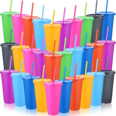 Imagem de Honeydak Pacote com 30 copos com canudo e tampa, copos a granel para presentes, garrafa de água, café gelado, caneca de viagem, copos de plástico reutilizáveis para festas de aniversário, 680 a 765 g