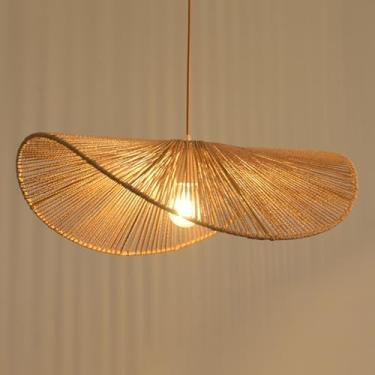 Imagem de Luminária pendente boho de rattan E27 com corda de cânhamo, estilo vintage rústico, para sala de jantar, com cúpula artesanal em estilo wabi-sabi, ideal para restaurantes, quartos, salas de