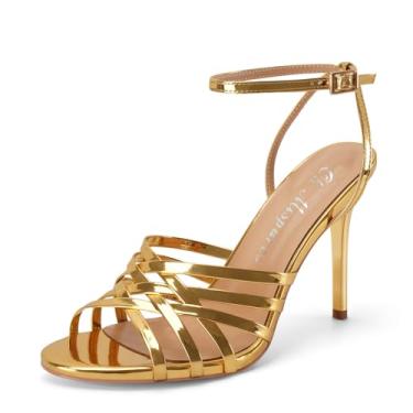 Imagem de Oh Mispares Sandálias femininas de salto alto stiletto com tiras arredondadas, bico aberto, tira no tornozelo, fivela de couro envernizado, sandálias elegantes de salto alto para formatura de verão