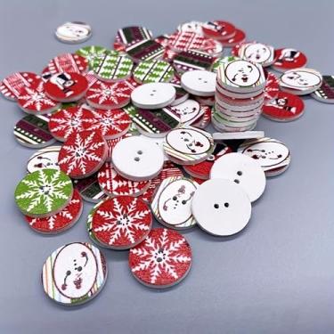 Imagem de 100 peças de botões de madeira natalinos de cores mistas - designs retrô feitos à mão de floco de neve e floco de neve para artesanato DIY e projetos de costura