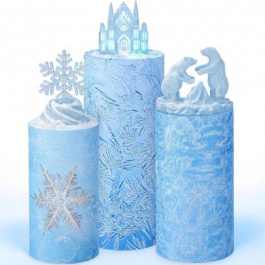 Imagem de Mindsoft Conjunto de 3 capas de suporte cilíndrico de floco de neve e elastano para festas, neve e inverno, mesas de sobremesa para decoração de festa de aniversário, casamento, chá de bebê (azul