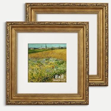 Imagem de GiftMust Moldura dourada antiga 20 x 20 cm, moldura ornamentada em relevo com tapete de papel e vidro verdadeiro, adequada para 20 x 20 sem tapete ou 12 x 12 cm com tapete, mesa ou suporte de parede