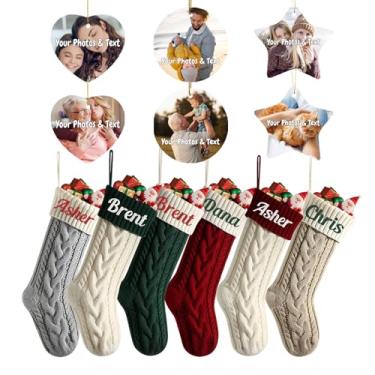 Imagem de Conjunto de meias e ornamentos de Natal personalizados, 12 peças, decoração familiar personalizada com 6 meias e 6 cabides de árvore para lareira e cornija de presente