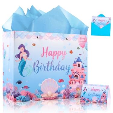 Imagem de Lednica Sacos grandes de presente de feliz aniversário para meninas, bolsa de presente de sereia com papel de seda e cartão comemorativo, suprimentos de decoração de festa de chá de bebê azul, 30 x 24