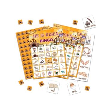 Imagem de He is Risen Jogos de cartas de bingo, festa bíblica de Páscoa jogo de bingo para adultos amigos grupo grande, presentes ideais para atividades de festa de ressurreição de primavera, decorações de