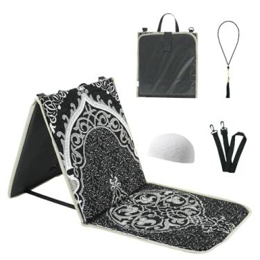 Imagem de Qianliniuinc Tapete de oração portátil, tapete de oração dobrável com encosto, tapete de oração islâmica de 36 x 78 cm, inclui chapéu Kufi e 99 contas Tasbih, tapete de meditação para muçulmanos