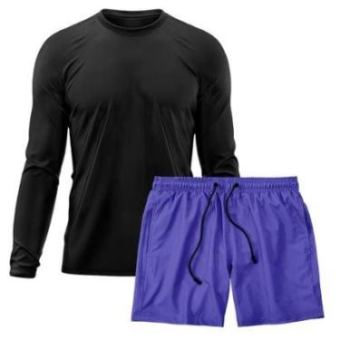 Imagem de Kit Short Praia Academia Passeio Treino Azul + Manga Longa Masculina Segunda Pele Dry-Masculino