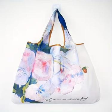 Imagem de Sacola reutilizável de grande capacidade - design chique de pintura a óleo, dobrável, lavável e fácil de limpar bolsa de compras de nylon para mulheres - perfeita para supermercado, cozinha e itens
