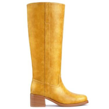 Imagem de Gothictor Botas femininas de cano alto banana bico quadrado salto grosso confortável salto baixo puxar na panturrilha larga botas longas para mulheres, Banana_amarela, 38