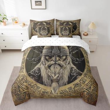 Imagem de jejeloiu Conjunto de edredom viking nórdico casal, 7 peças, antigo, viking, vintage, exótica, tribo exótica, em uma bolsa com edredom + lençóis + fronhas + capas de almofada