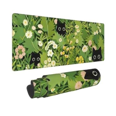 Imagem de Tapete de mouse grande para jogos, estampa de galáxia longa costurada com flor de cerejeira japonesa e mármore para casa e escritório (80 x 30 cm) (gato floral verde)