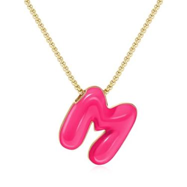 Imagem de KissYan Colar com letras de bolha, banhado a ouro 14 K, pingente de caixa com inicial de balão colorido, joia delicada para presente, Adjustable, Cobre, Sem Pedra Preciosa